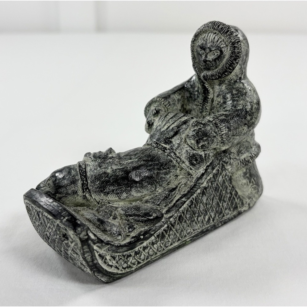 Vintage A Wolf Original Canada Inuit Hunter Sled Sculpture Faux Soapstone Art